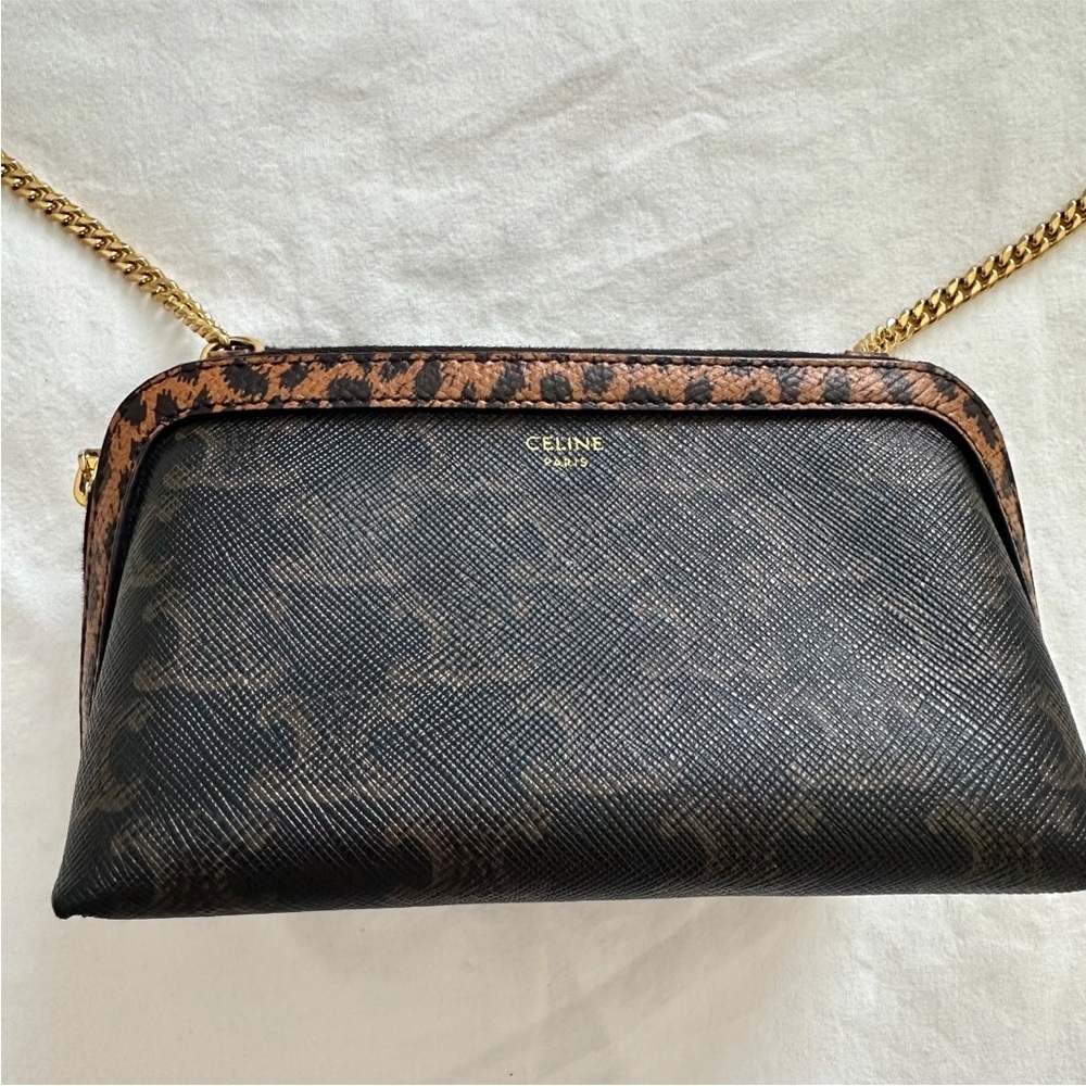 Celine Triomphe Canvas Calfskin Leopard Print Mini Crossbody Bag with Chain - Picture 5 of 12